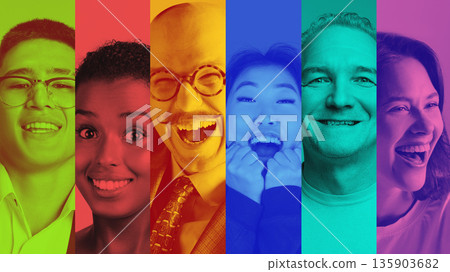 Colorful collage of diverse people faces representing inclusiveness. 135903682