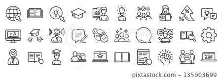 Education line icons. Settings gear, Message, Inflation icons. Laptop, Book and Video Tutorial icons. Graduation cap, Instructions and Presentation. Vector Education line icons. Settings gear, Message, Inflation icons. Laptop, Book and Video Tutorial icons. Graduation cap, Instructions and Presentation. Vector 135903699