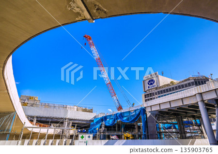 Tokyo cityscape, Japan, January 25. View of Shinjuku Station, Shinjuku Station West Exit redevelopment project, cranes, etc. Tokyo cityscape, Japan, January 25. View of Shinjuku Station, Shinjuku Station West Exit redevelopment project, cranes, etc. 135903765
