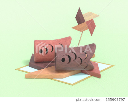 3DCG landscape with a wooden carp streamer ornament 3DCG landscape with a wooden carp streamer ornament 135903797