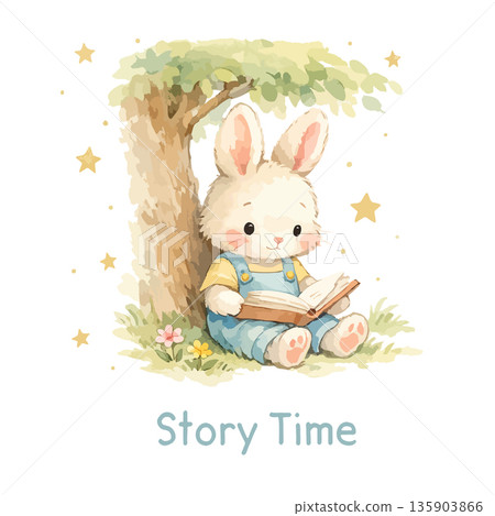 Cute Bunny Reading Under Tree Illustration Cute Bunny Reading Under Tree Illustration 135903866
