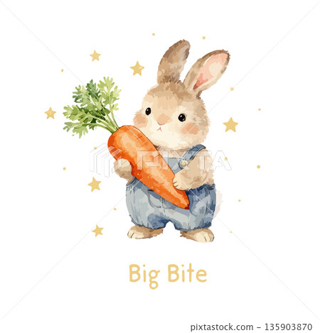Whimsical Bunny Holding Orange Carrot with Stars Illustration Whimsical Bunny Holding Orange Carrot with Stars Illustration 135903870