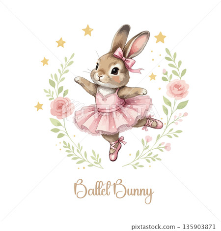 Ballet Bunny Dancing with Roses and Stars Illustration Ballet Bunny Dancing with Roses and Stars Illustration 135903871