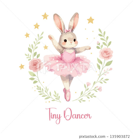 Ballet Bunny Dancing with Roses and Stars in Pink Tutu Illustration 135903872