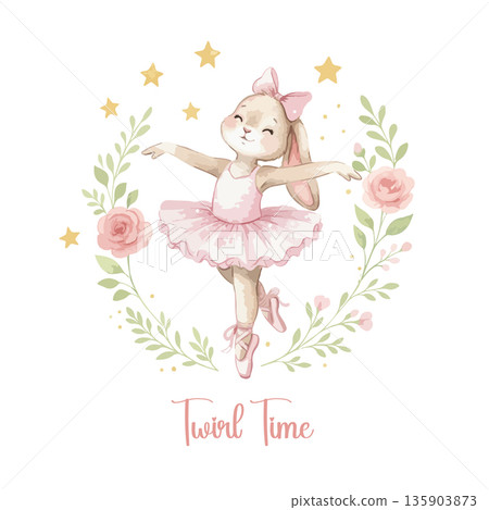 Ballet Bunny Dancing in Floral Wreath with Stars Illustration Ballet Bunny Dancing in Floral Wreath with Stars Illustration 135903873
