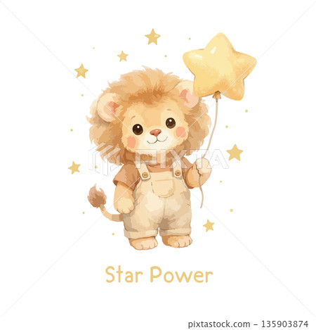 Cute Lion Holding Star Balloon Surrounded by Stars Illustration Cute Lion Holding Star Balloon Surrounded by Stars Illustration 135903874