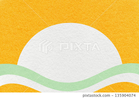Yellow textured paper background with white circle for copy space and light green waves for poster, banner, presentation 135904074