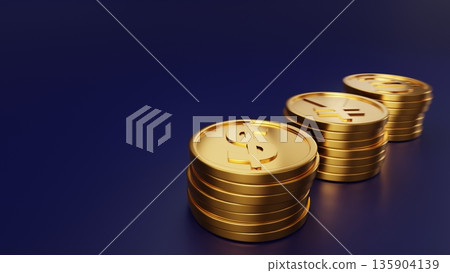 海軍藍背景上，金幣和金邊圖案以美元為中心，位於前景。值得信賴的美元投資、國際金融和全球資產管理。 135904139