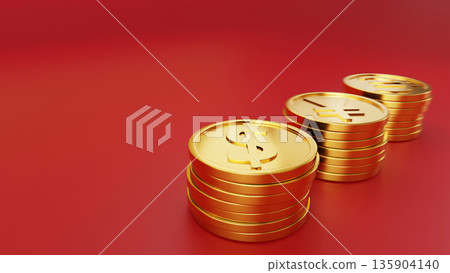 Gold coins and margins focused on the dollar in the foreground on a red background. Image of active foreign currency investment, strong dollar, and increased asset profits. 135904140