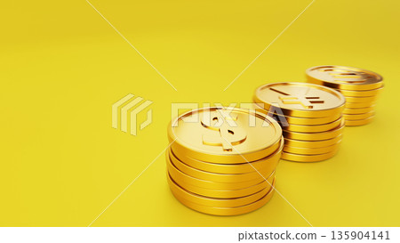 Gold coins and margins focused on the dollar in the foreground on a yellow background. Image of prosperity, good fortune, and positive dollar asset management. Gold coins and margins focused on the dollar in the foreground on a yellow background. Image of prosperity, good fortune, and positive dollar asset management. 135904141