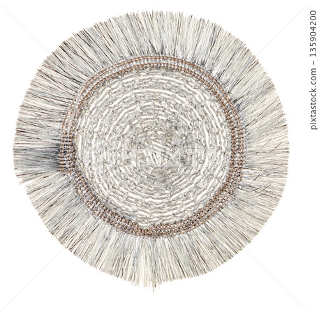 Handwoven silver wire coasters and fringe material cut out on a white background Handwoven silver wire coasters and fringe material cut out on a white background 135904200
