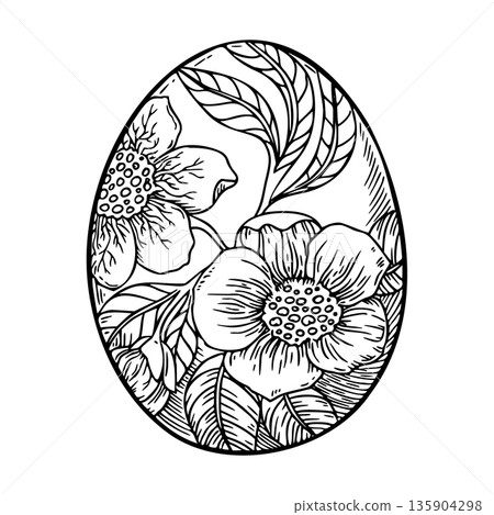 Easter egg painted with flower hand drawn sketch. Vintage floral shell vector outline illustration. Use for spring holiday greeting card design. Perfect for Christian religious and farm themed print. Easter egg painted with flower hand drawn sketch. Vintage floral shell vector outline illustration. Use for spring holiday greeting card design. Perfect for Christian religious and farm themed print. 135904298