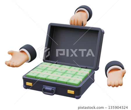 3D hand holding an open briefcase full of money 3D hand holding an open briefcase full of money 135904324
