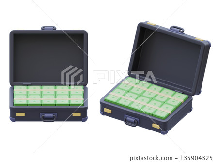 Open briefcase full of money bundles in 3D cartoon style Open briefcase full of money bundles in 3D cartoon style 135904325