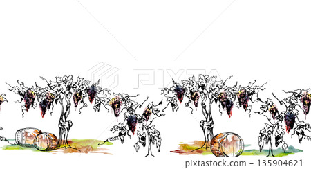 Seamless banner of rustic wine barrels under grapevines with hanging ripe clusters, tendrils and leaves. Isolated illustration hand drawn in watercolor and ink for winery branding, menus, brochures 135904621