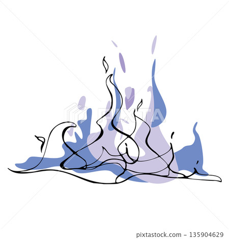 Dynamic blue and lavender flame with hand drawn ink contour, isolated vector fill. Bar design element for cocktail sets, fire drink icons, nightlife posters, digital art, wrapping designs 135904629