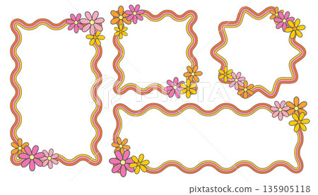 Wavy frames. Retro groovy scallop borders with rainbow striped pattern. Funky square and rectangle shapes with floral decoration. Vector abstract girly designs. 135905118