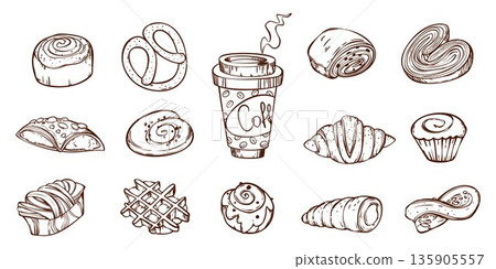 Sketch bakery doodle icons, fresh bread and cakes Sketch bakery doodle icons, fresh bread and cakes 135905557