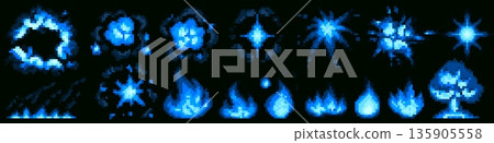 Retro 8-bit pixel explosion, vibrant blue fire Retro 8-bit pixel explosion, vibrant blue fire 135905558