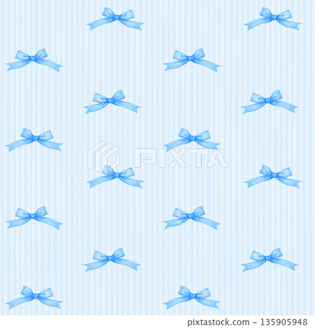 Coquette blue ribbon bow watercolor pattern seamless striped background 135905948