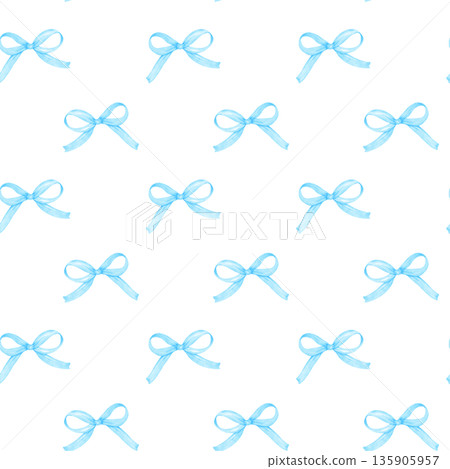 Coquette blue ribbon bow watercolor pattern seamless 135905957