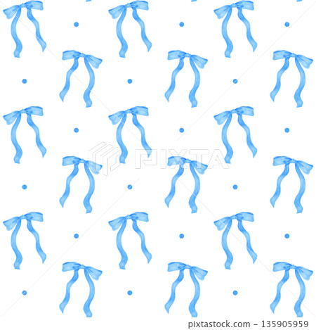 Watercolor Coquette blue ribbon bow  pattern seamless 135905959