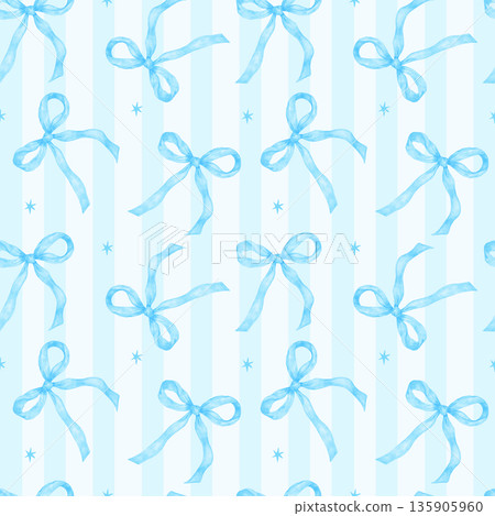 Watercolor blue coquette ribbon bow repeat pattern seamless Watercolor blue coquette ribbon bow repeat pattern seamless 135905960