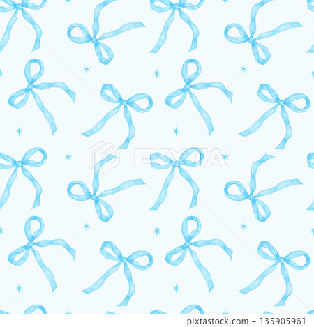 Watercolor blue coquette ribbon bow repeat pattern seamless Watercolor blue coquette ribbon bow repeat pattern seamless 135905961