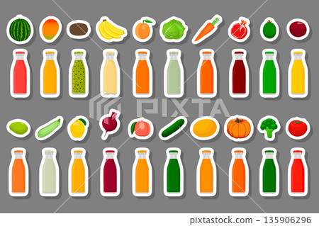 glass bottles with caps filled liquid multicolored fruit juice glass bottles with caps filled liquid multicolored fruit juice 135906296
