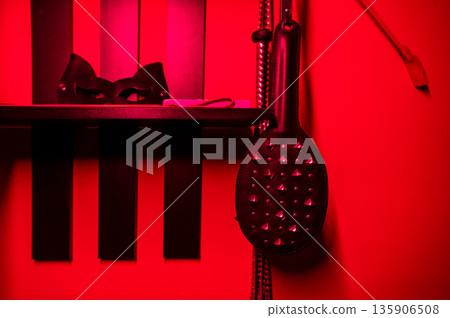 Leather BDSM set. Mask and whip. Leather BDSM set. Mask and whip. 135906508