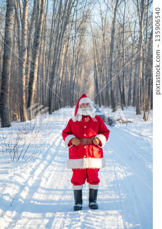 Santa Claus walks through the winter forest.  135906540