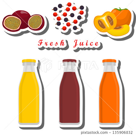 Set multicolored bottles with tasty currant juice Set multicolored bottles with tasty currant juice 135906832