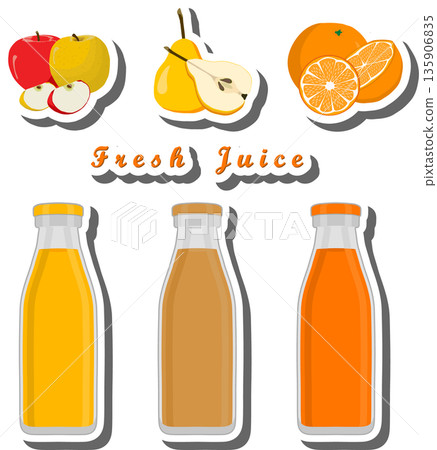 Set multicolored bottles with tasty pear juice 135906835