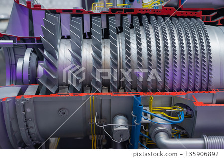 Close-up of a gas turbine engine model. Close-up of a gas turbine engine model. 135906892