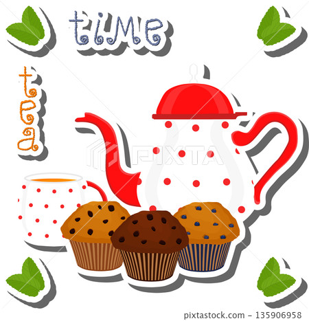Teakettle for tasty tea with sweet dessert muffin 135906958