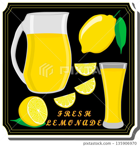 Tasty lemon lemonade in glass pitcher Tasty lemon lemonade in glass pitcher 135906970