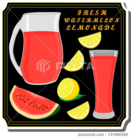 Tasty watermelon lemonade in glass jug Tasty watermelon lemonade in glass jug 135906988