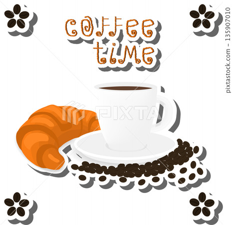 white ceramic cup of hot coffee, croissant on saucer white ceramic cup of hot coffee, croissant on saucer 135907010