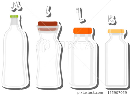Big set different types chilled milk in bottles various size 135907059