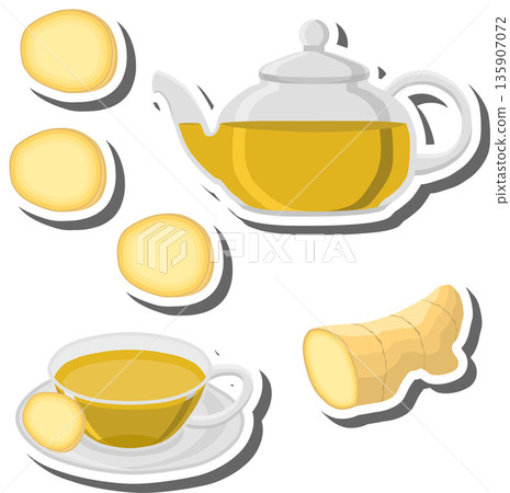 Teakettle for tasty tea with slice ginger 135907072