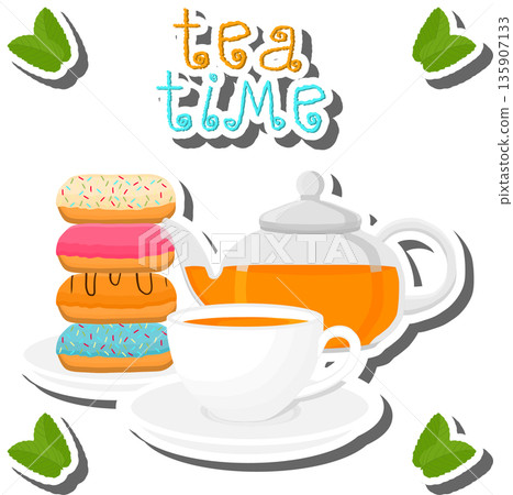 Teakettle for tasty tea with sweet dessert donut Teakettle for tasty tea with sweet dessert donut 135907133