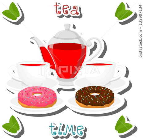 Teakettle for tasty tea with sweet dessert donut Teakettle for tasty tea with sweet dessert donut 135907134