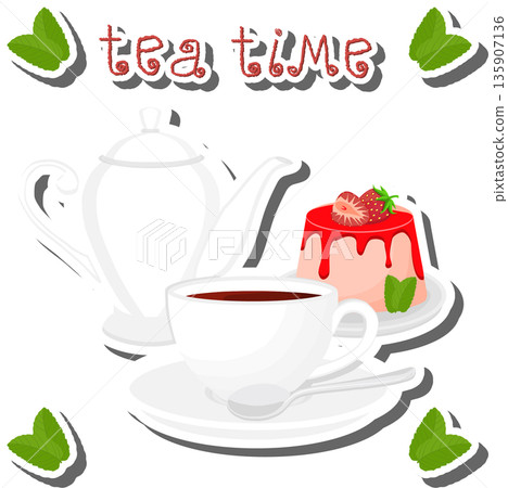 Teakettle for tasty tea with sweet dessert cheesecake Teakettle for tasty tea with sweet dessert cheesecake 135907136