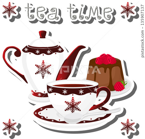 Teakettle for tasty tea with sweet dessert cheesecake, 135907137