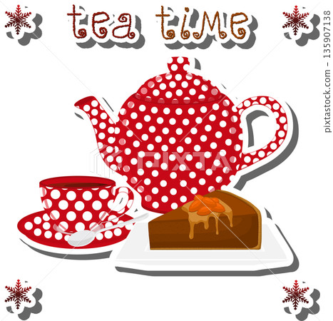 Teakettle for tasty tea with sweet dessert cheesecake, 135907138