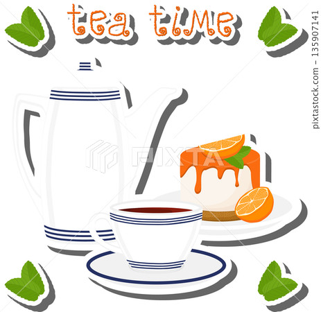 Teakettle for tasty tea with sweet dessert cheesecake, 135907141