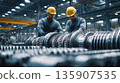 Workers assemble turbine parts in a factory on a busy day 135907535