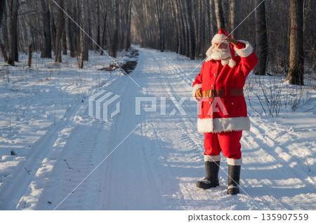 Santa Claus walks through the winter forest.  135907559