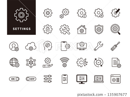 Monochrome UI icon set for system settings and management operations Monochrome UI icon set for system settings and management operations 135907677