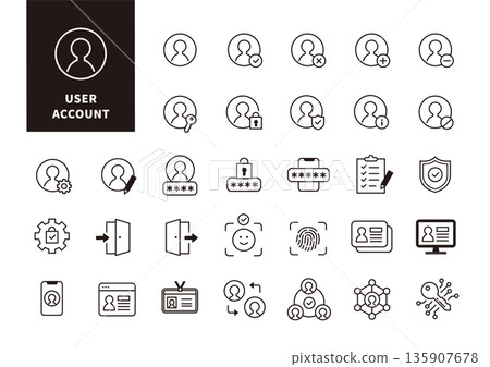 Monochrome line icon set representing user management and account authentication 135907678